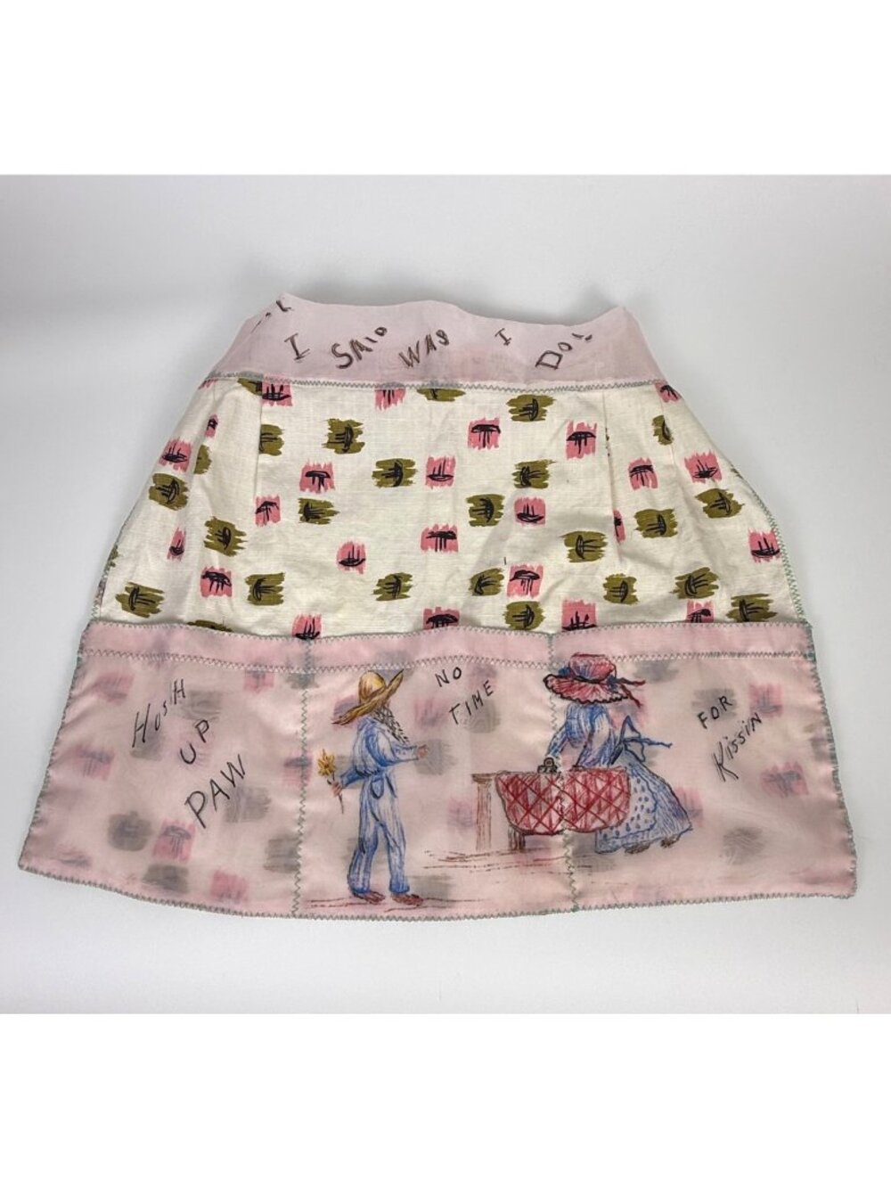 Vintage Mid-Century Novelty Print Linen Half-Apron Hush Up Paw, No Time for Kiss